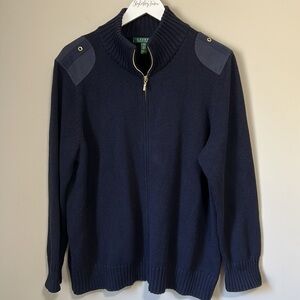 Lauren Ralph Lauren Womens Full Zip Navy Blue Shoulder Patch Knit Sweater Sz 2X